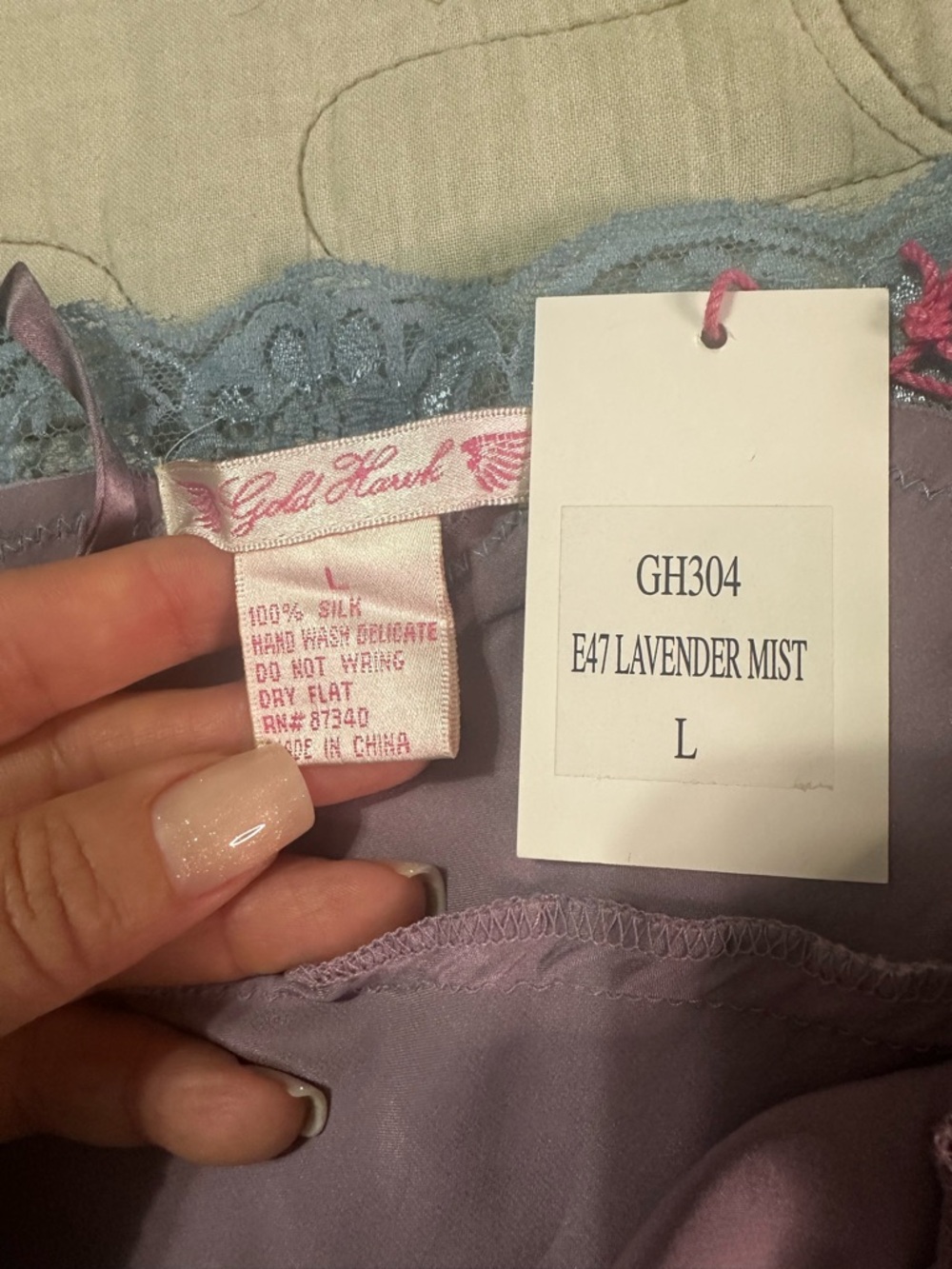Gold Hawk GH304 Silk Slip Dress Lavender Mist Lace Trim NWT Large - Picture 5 of 5